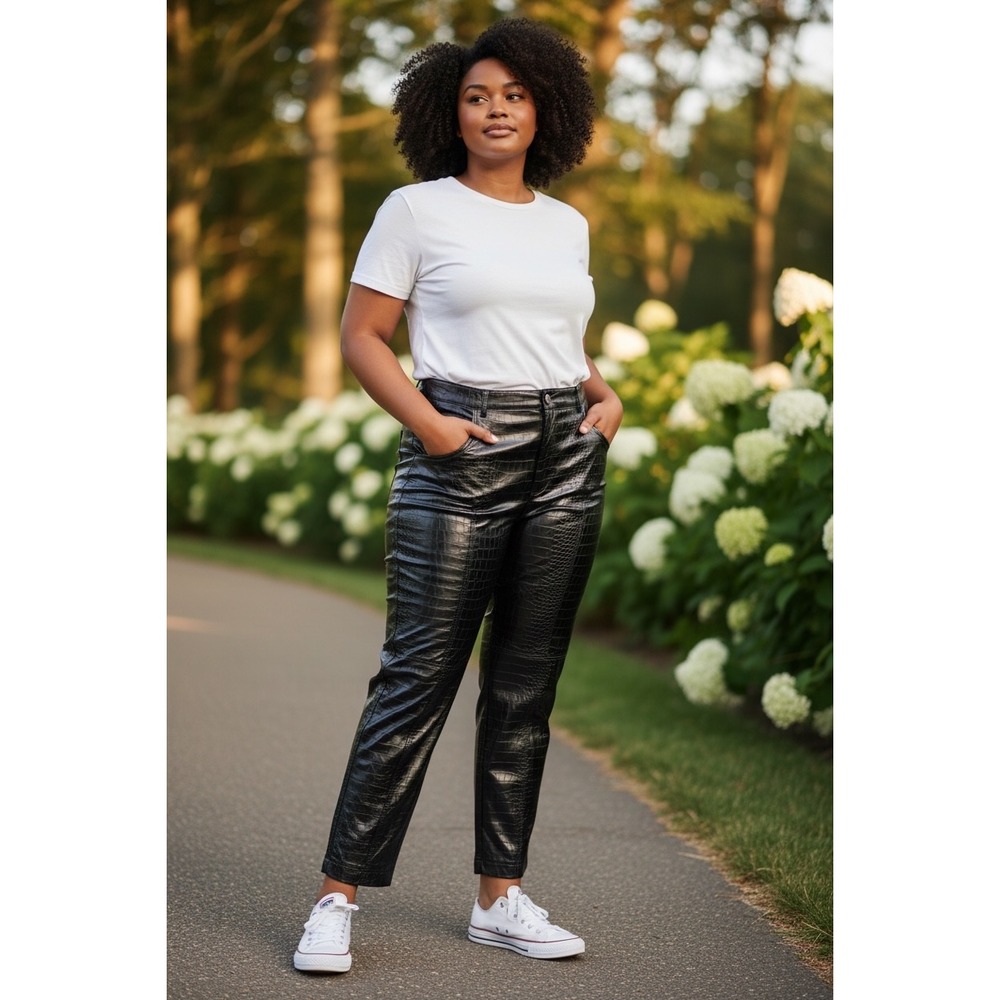 A New Day Womens Black Croc Embossed Faux Leather High-Rise Straight Leg Pants